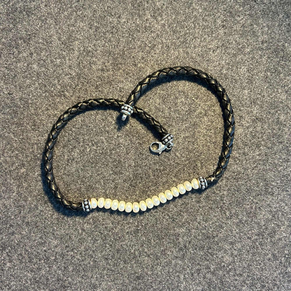 Black braided leather and freshwater pearl necklace